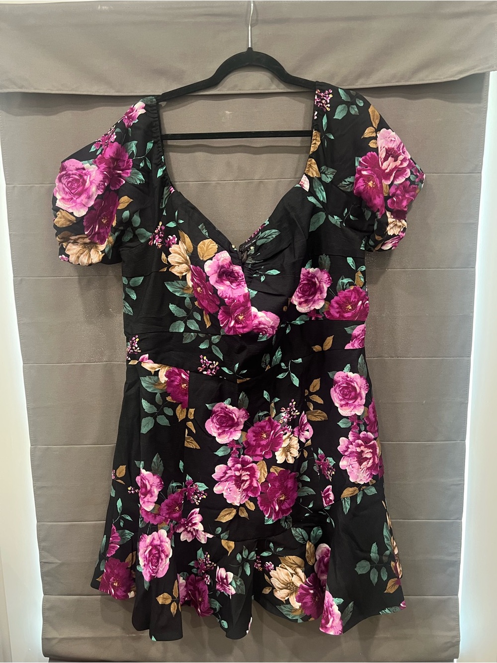 City Chic Black Mini Dress with Pink & Gold Floral Print